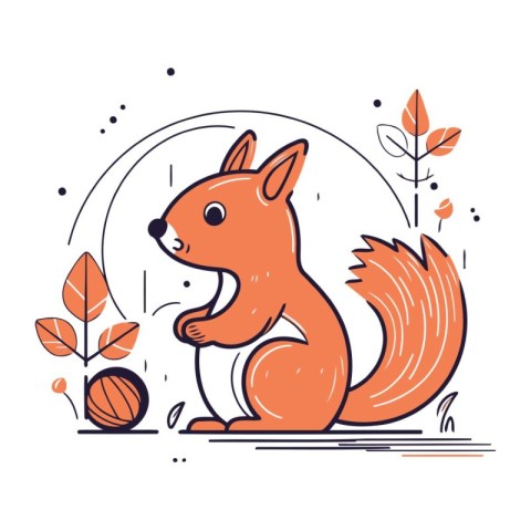 Cute squirrel sitting in a circle of leaves. Vector illustration