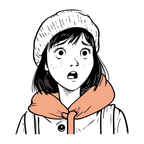 surprised girl in winter clothes. vector illustration in sketch