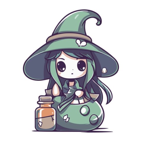 Illustration of a Cute Little Witch with a bottle of potion