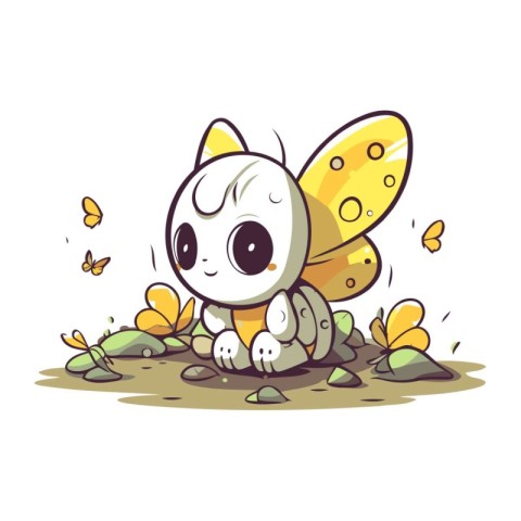 Cute little butterfly sitting on a rock. Vector cartoon illustra