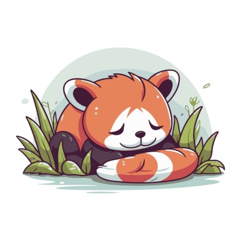 Cute red panda sleeping on the grass. Vector illustration.