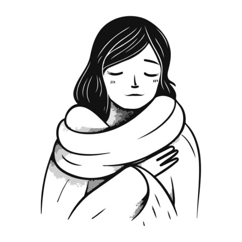 Illustration of a girl wrapped in a warm scarf. Vector illustrat