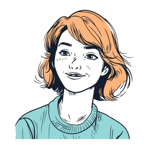 Vector illustration of a girl with red hair and a blue sweater.