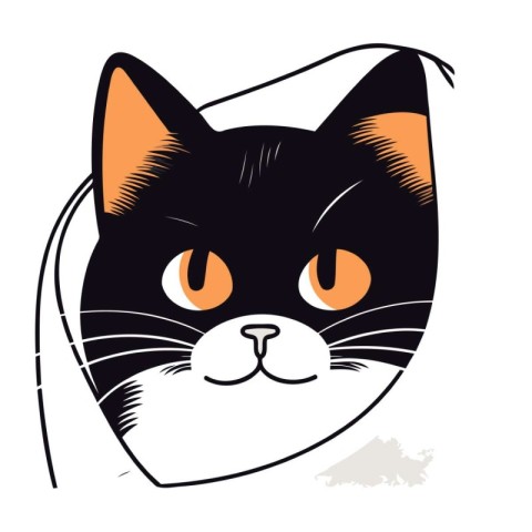 Cute black cat with orange eyes. Vector illustration on white ba