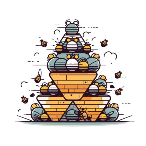 Honey bee hive with honeycomb and bees. Vector illustration.