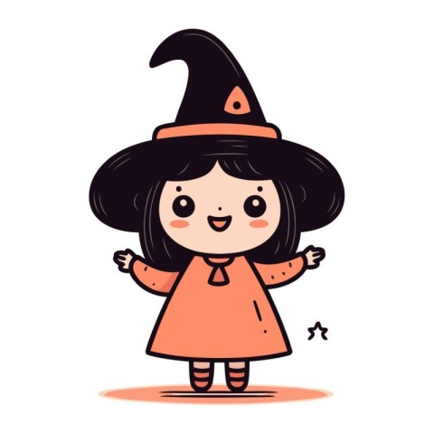 Cute little witch in halloween costume. Vector illustration.