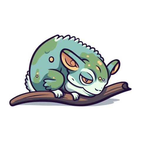 Cute cartoon chameleon on a branch. Vector illustration.