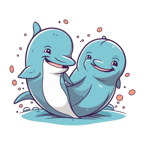 Cute cartoon doodle couple of blue whales. Vector illustration.