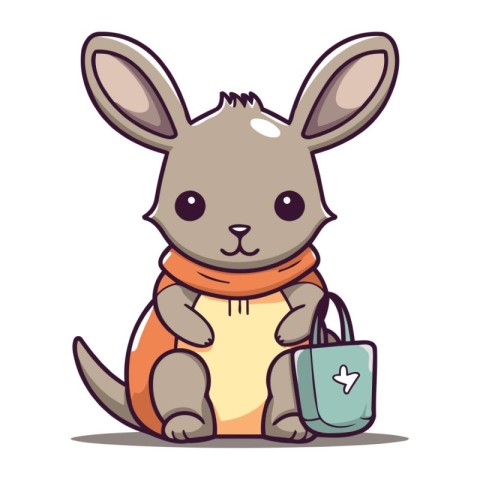 Cute kangaroo character wearing scarf and bag. Vector illustrati