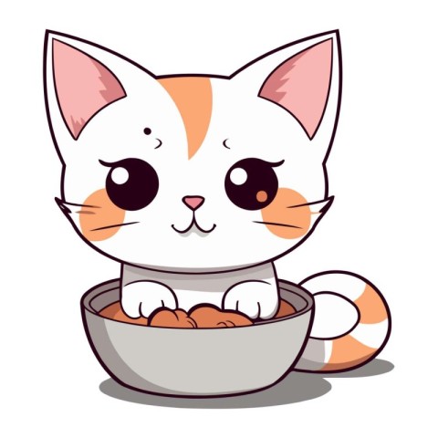 Cute cat in bowl isolated on a white background. Vector illustra