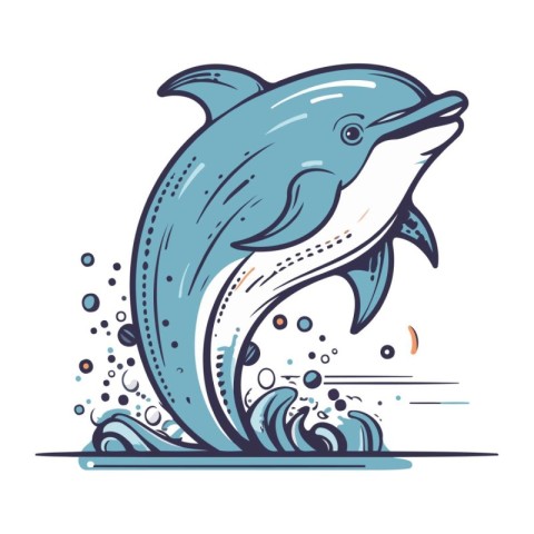 Dolphin jumping out of water. Vector illustration in a flat styl