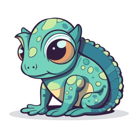 Cartoon cute blue chameleon isolated on white background. Vector