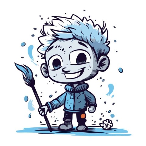 Cute boy with a broom in his hand. Vector illustration.