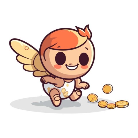 Cute little cupid running with coins. Vector cartoon character i