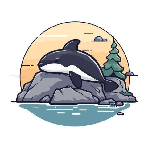 Cute cartoon killer whale on the rock at the ocean. Vector illus