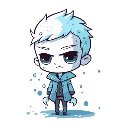 Cute cartoon boy with raincoat and blue eyes. Vector illustratio