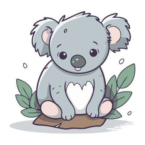 Cute koala sitting on a log with leaves. Vector illustration.