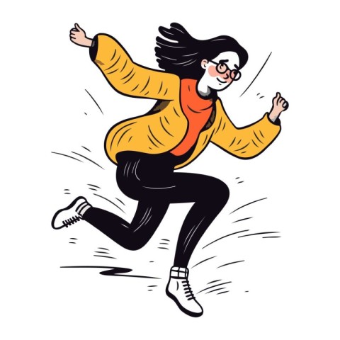 Funny girl in a yellow coat and glasses jumps. Vector illustrati