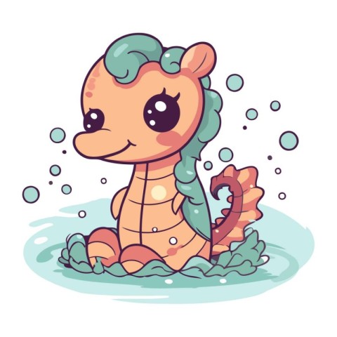 Cute cartoon seahorse in the water. Vector illustration.