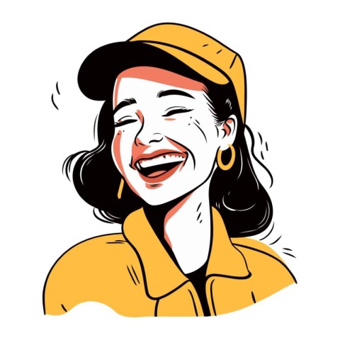 Vector illustration of a happy woman in a cap and yellow jacket.