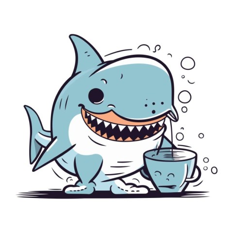 Cute cartoon shark with a cup of tea. Vector illustration.