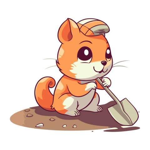 Cute cartoon cat with a shovel. Vector illustration on white bac