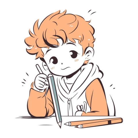 Cute red haired boy drawing with pencil. Vector illustration.