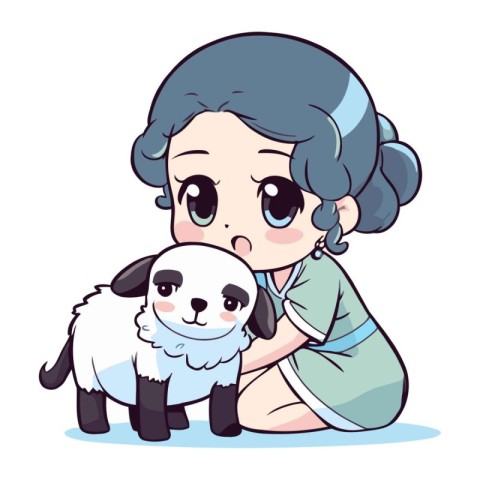 Illustration of a cute girl with a dog and a cat.