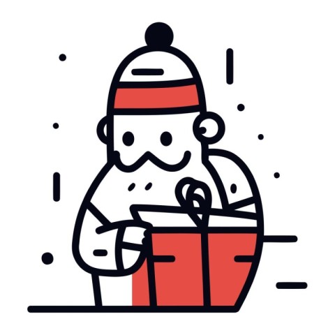 Vector illustration of Santa Claus with gift box. Line art style