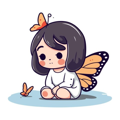 Cute little girl sitting on the floor with butterfly. Vector ill