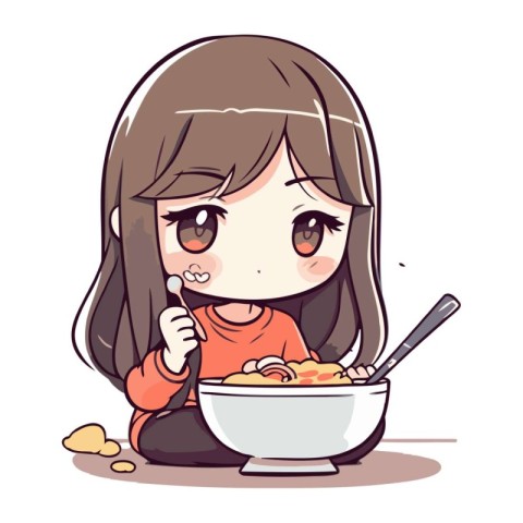 Illustration of a Little Girl Eating a Bowl of Noodles