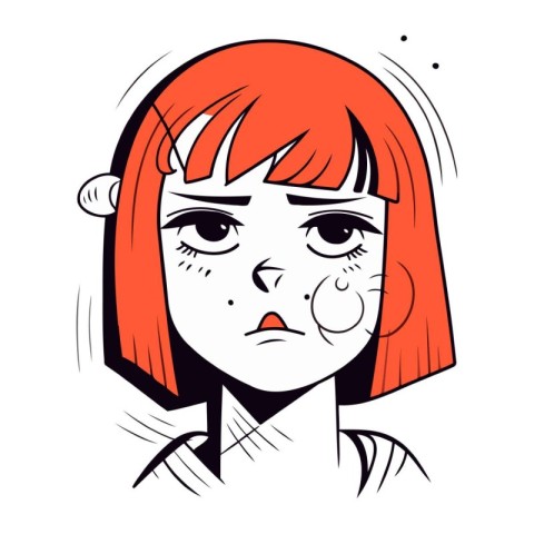 Vector illustration of a sad girl with red hair on a white backg