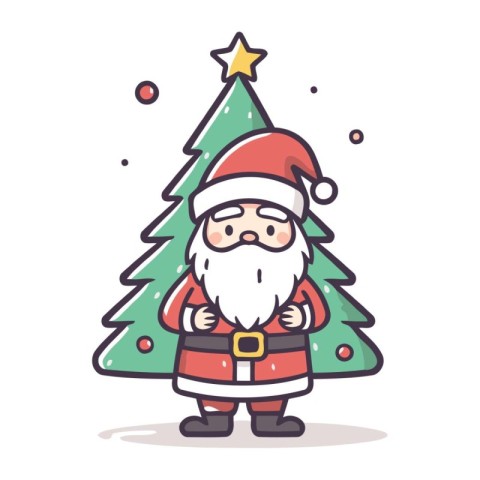 Cartoon Santa Claus with Christmas tree and star. Vector illustr