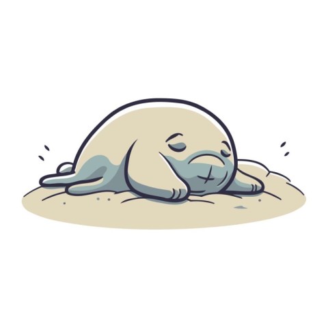 Cute cartoon baby seal sleeping on the sand. Vector illustration