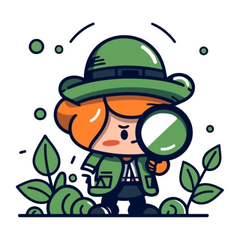 Cute little scout girl with magnifying glass. Vector illustratio