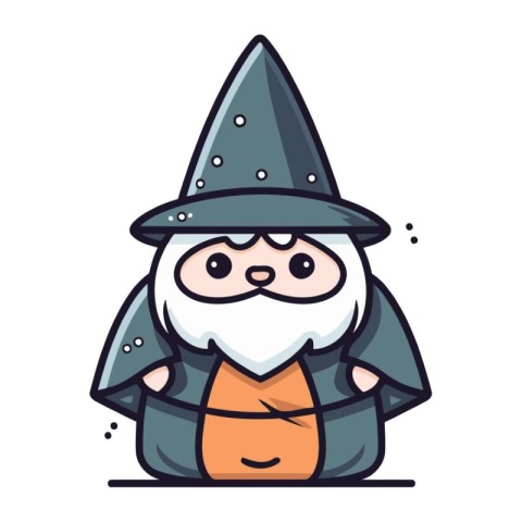 Cartoon wizard character. Cute wizard in hat and cloak. Vector i