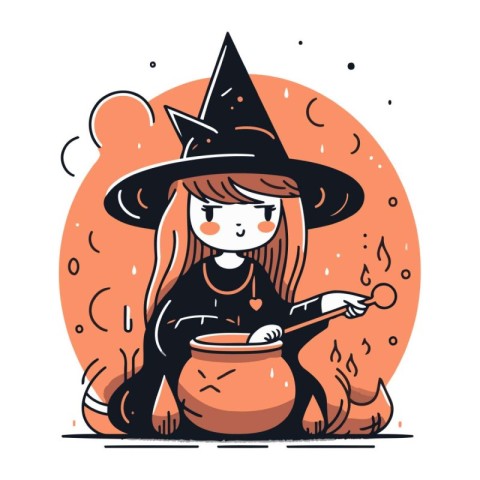 Cute little girl in witch costume with pot. Vector illustration.