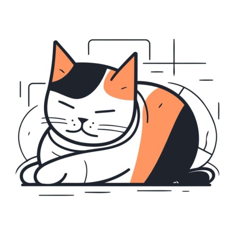 Cute cat sleeping on a pillow. Vector illustration in line style