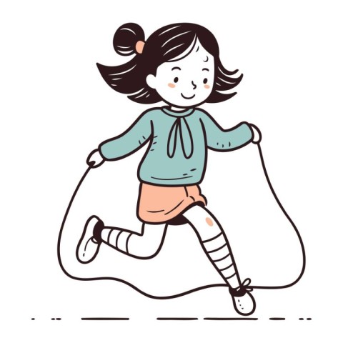 Little girl running with skipping rope. Vector illustration in c