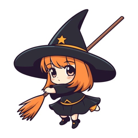 Cute little witch with a broomstick. Halloween vector illustrati