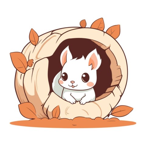 Cute rabbit in a hole with autumn leaves. Vector illustration.