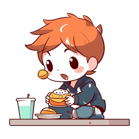 Boy eating hamburger and drinking milk. Cute cartoon illustratio