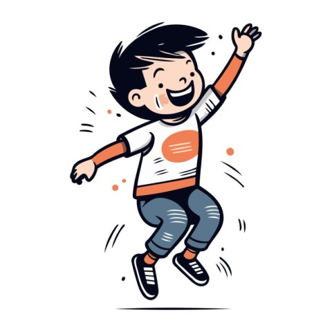 Happy boy jumping vector illustration. Hand drawn cartoon happy