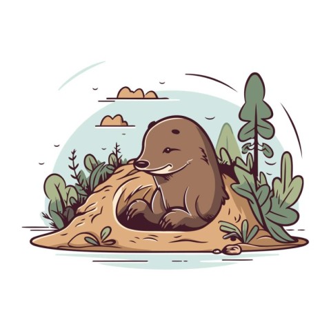 Cute cartoon otter in a hole in the ground. Vector illustration.