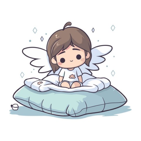 Cute little angel girl sitting on a pillow. Vector illustration.