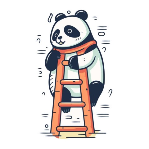 Cute panda bear character standing on ladder. Vector illustratio