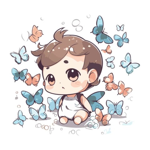 Cute little boy sitting on the floor surrounded by butterflies.