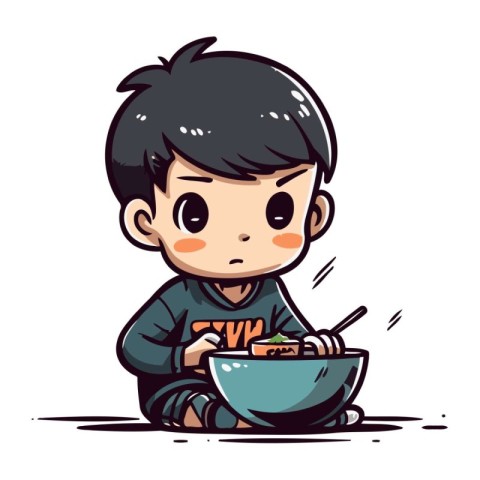 Illustration of a Kid Boy Eating Noodles While Sitting on the Fl