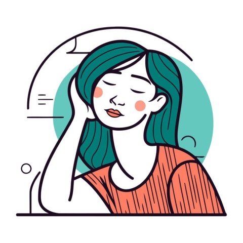 Young woman suffering from headache. Vector illustration in thin