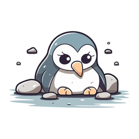 Cute penguin sitting on the rock. Vector illustration isolated o